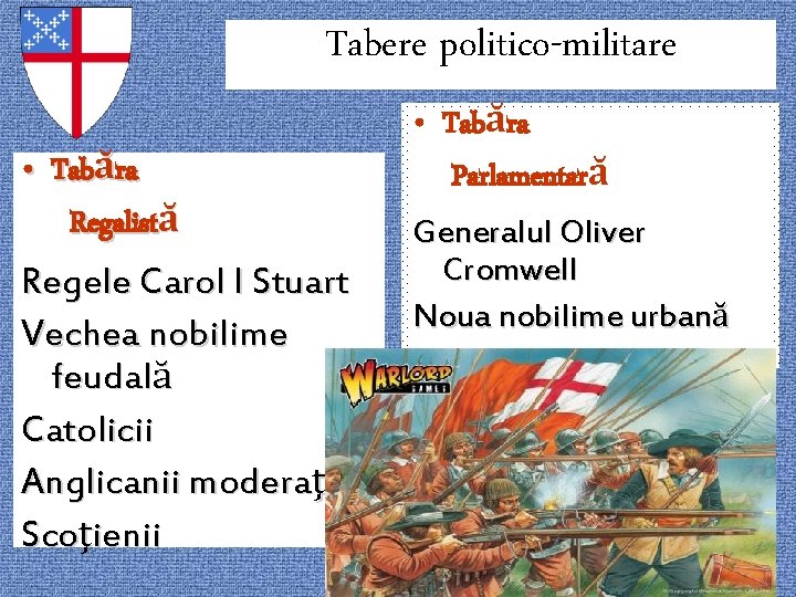 Tabere politico-militare • Tabăra Regalistă Regele Carol I Stuart Vechea nobilime feudală Catolicii Anglicanii