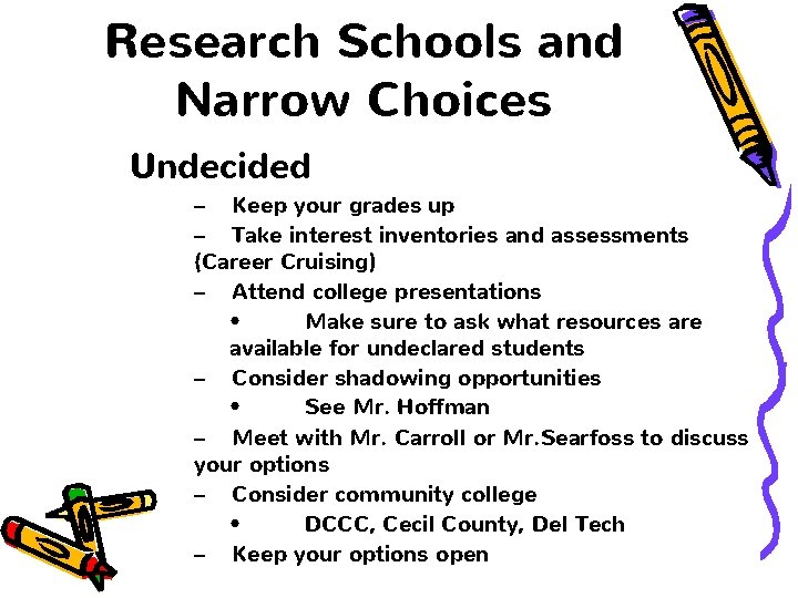 Research Schools and Narrow Choices Undecided – Keep your grades up – Take interest