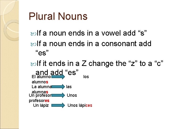 Plural Nouns If a noun ends in a vowel add “s” If a noun