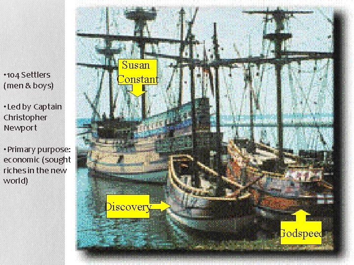  • 104 Settlers (men & boys) Susan Constant • Led by Captain Christopher