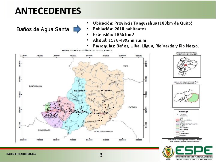 ANTECEDENTES Baños de Agua Santa INGENIERIA COMERCIAL • • • Ubicación: Provincia Tungurahua (180