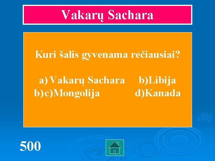 Vakarų Sachara Kuri šalis gyvenama rečiausiai? a) Vakarų Sachara b)Libija b) c)Mongolija d)Kanada 500