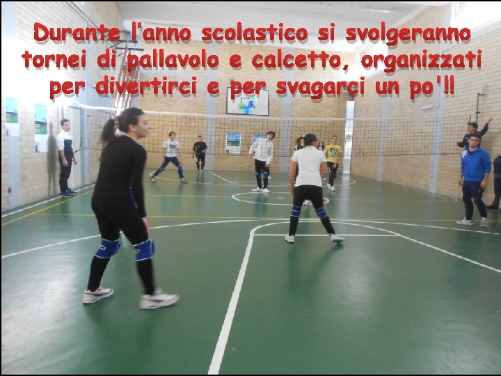 Durante l’anno scolastico si svolgeranno tornei di pallavolo e calcetto, organizzati per divertirci e Durante l’anno scolastico si svolgeranno tornei di pallavolo e calcetto, organizzati per divertirci e