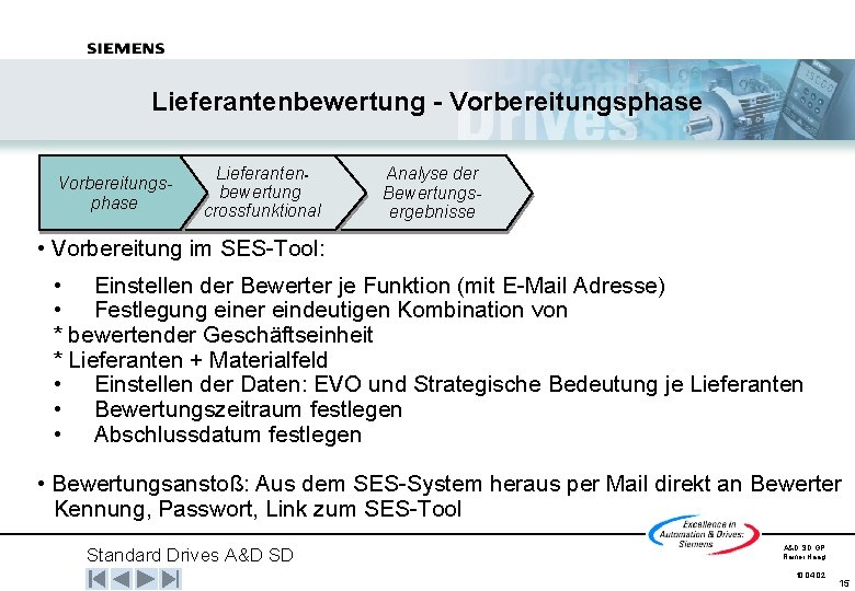 Lieferantenbewertung - Vorbereitungsphase Lieferantenbewertung crossfunktional Analyse der Bewertungsergebnisse • Vorbereitung im SES-Tool: • Einstellen