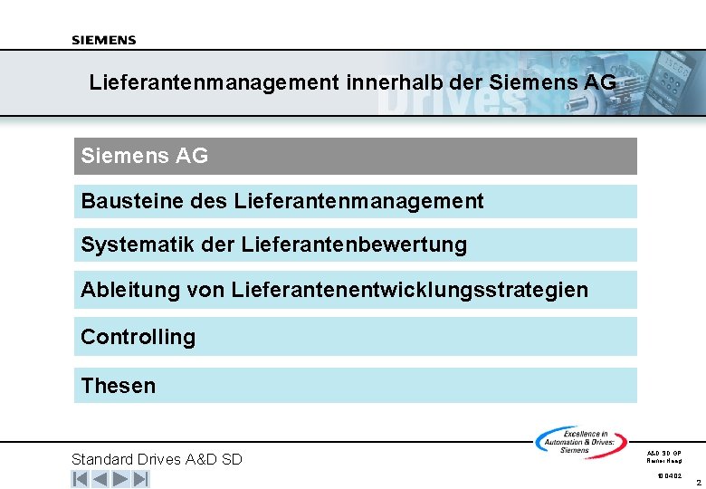 Lieferantenmanagement innerhalb der Siemens AG Bausteine des Lieferantenmanagement Systematik der Lieferantenbewertung Ableitung von Lieferantenentwicklungsstrategien