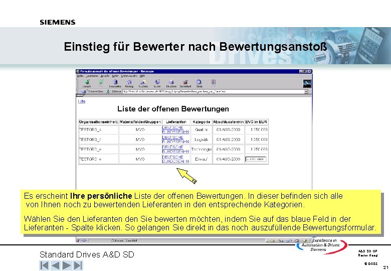 Einstieg für Bewerter nach Bewertungsanstoß Es erscheint Ihre persönliche Liste der offenen Bewertungen. In