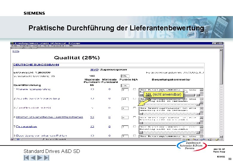 Praktische Durchführung der Lieferantenbewertung N/A (nicht anwendbar) Standard Drives A&D SD GP Rainer Haag