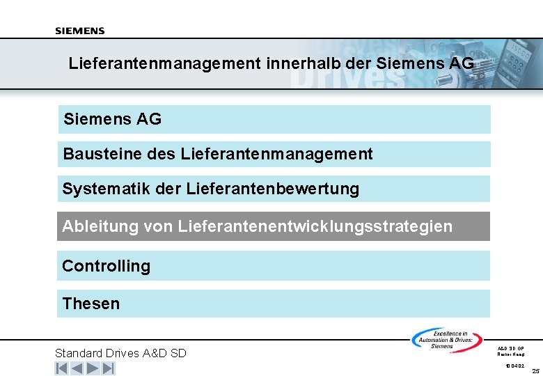 Lieferantenmanagement innerhalb der Siemens AG Bausteine des Lieferantenmanagement Systematik der Lieferantenbewertung Ableitung von Lieferantenentwicklungsstrategien