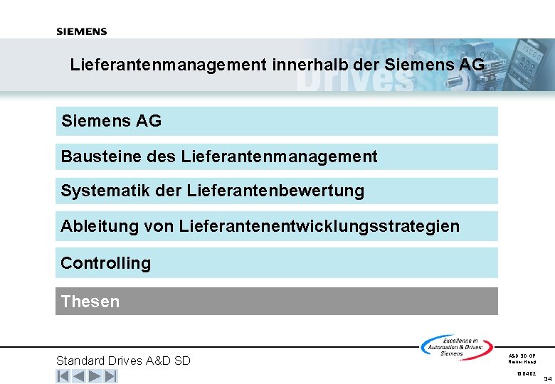 Lieferantenmanagement innerhalb der Siemens AG Bausteine des Lieferantenmanagement Systematik der Lieferantenbewertung Ableitung von Lieferantenentwicklungsstrategien