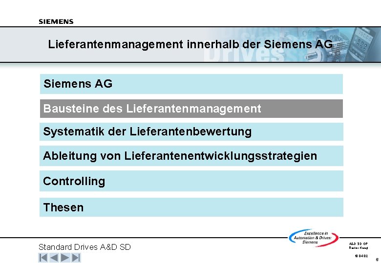Lieferantenmanagement innerhalb der Siemens AG Bausteine des Lieferantenmanagement Systematik der Lieferantenbewertung Ableitung von Lieferantenentwicklungsstrategien