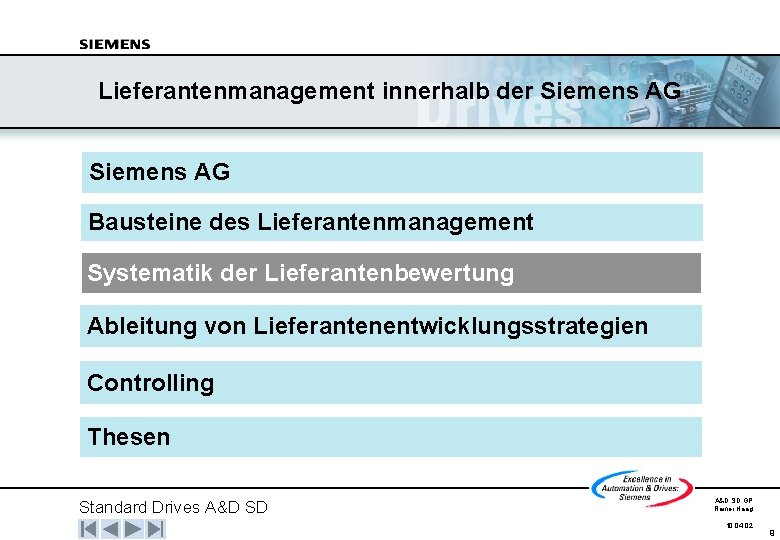 Lieferantenmanagement innerhalb der Siemens AG Bausteine des Lieferantenmanagement Systematik der Lieferantenbewertung Ableitung von Lieferantenentwicklungsstrategien