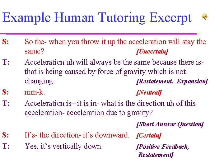 Example Human Tutoring Excerpt S: T: So the- when you throw it up the Example Human Tutoring Excerpt S: T: So the- when you throw it up the