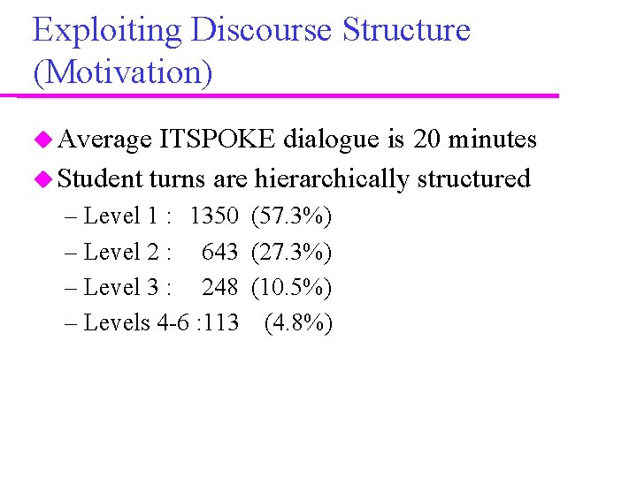 Exploiting Discourse Structure (Motivation) Average ITSPOKE dialogue is 20 minutes Student turns are hierarchically Exploiting Discourse Structure (Motivation) Average ITSPOKE dialogue is 20 minutes Student turns are hierarchically