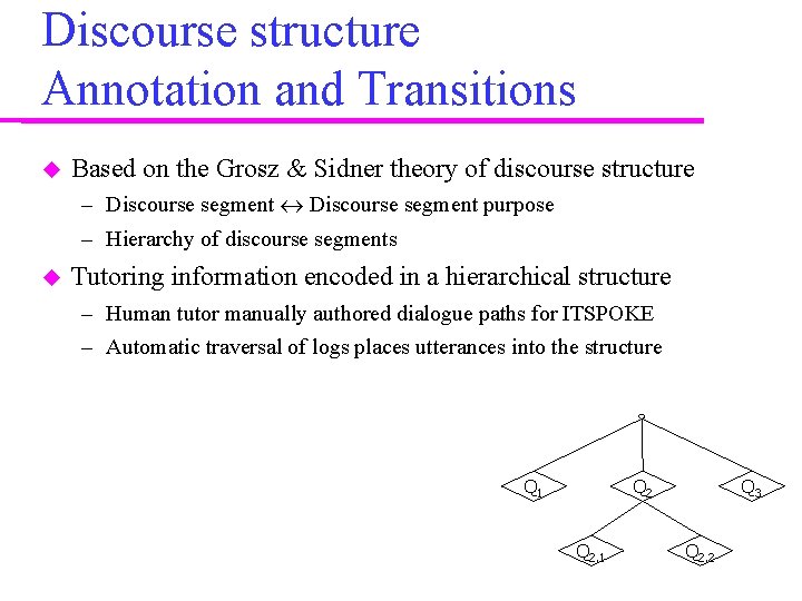 Discourse structure Annotation and Transitions Based on the Grosz & Sidner theory of discourse Discourse structure Annotation and Transitions Based on the Grosz & Sidner theory of discourse