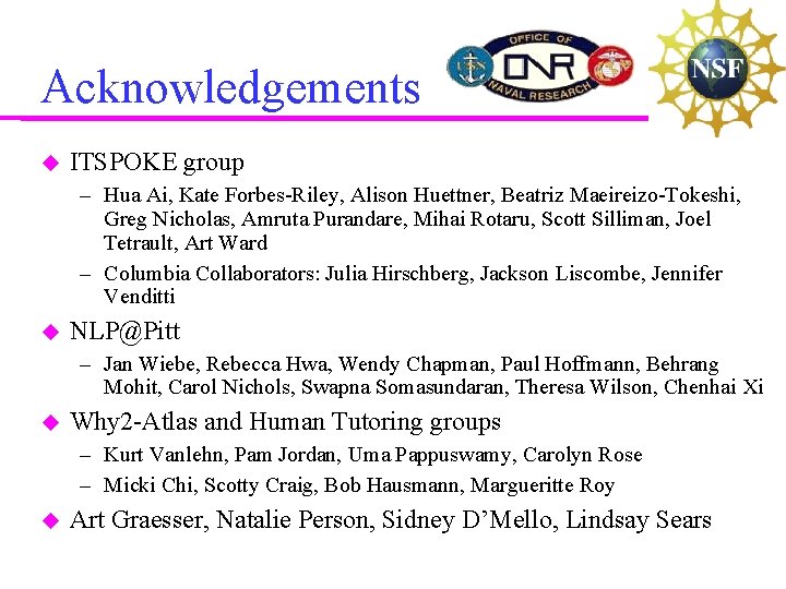 Acknowledgements ITSPOKE group – Hua Ai, Kate Forbes-Riley, Alison Huettner, Beatriz Maeireizo-Tokeshi, Greg Nicholas, Acknowledgements ITSPOKE group – Hua Ai, Kate Forbes-Riley, Alison Huettner, Beatriz Maeireizo-Tokeshi, Greg Nicholas,