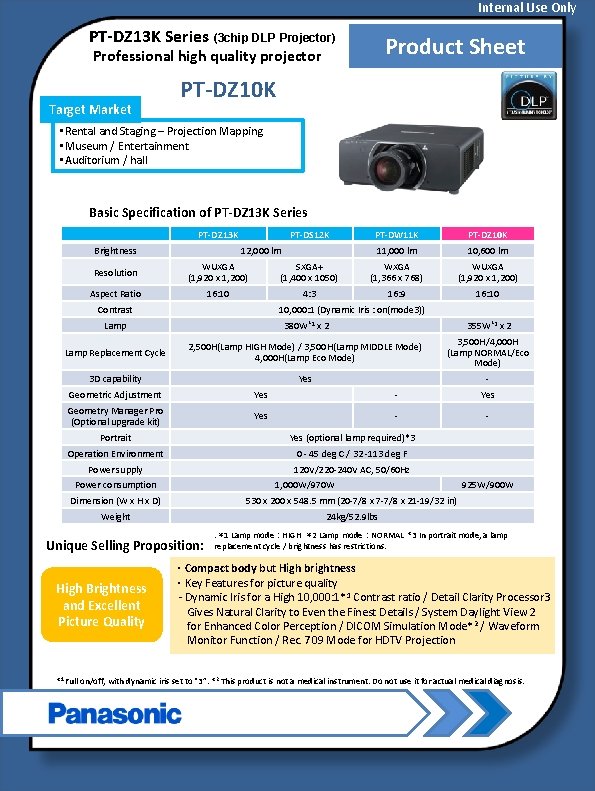 Internal Use Only PT-DZ 13 K Series (3 chip DLP Projector) Product Sheet Professional