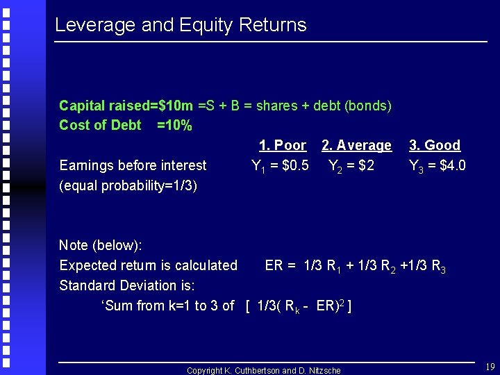 Leverage and Equity Returns Capital raised=$10 m =S + B = shares + debt Leverage and Equity Returns Capital raised=$10 m =S + B = shares + debt