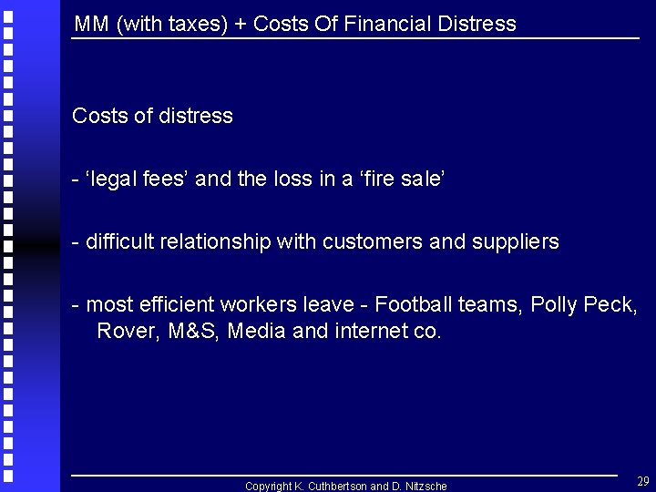 MM (with taxes) + Costs Of Financial Distress Costs of distress - ‘legal fees’ MM (with taxes) + Costs Of Financial Distress Costs of distress - ‘legal fees’
