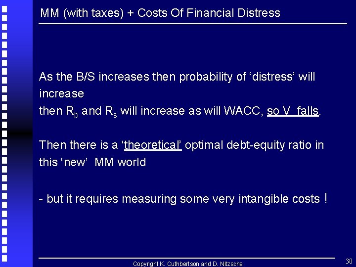 MM (with taxes) + Costs Of Financial Distress As the B/S increases then probability MM (with taxes) + Costs Of Financial Distress As the B/S increases then probability