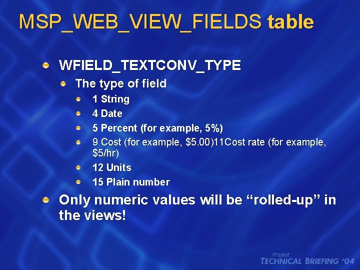 MSP_WEB_VIEW_FIELDS table WFIELD_TEXTCONV_TYPE The type of field 1 String 4 Date 5 Percent (for