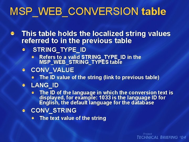 MSP_WEB_CONVERSION table This table holds the localized string values referred to in the previous