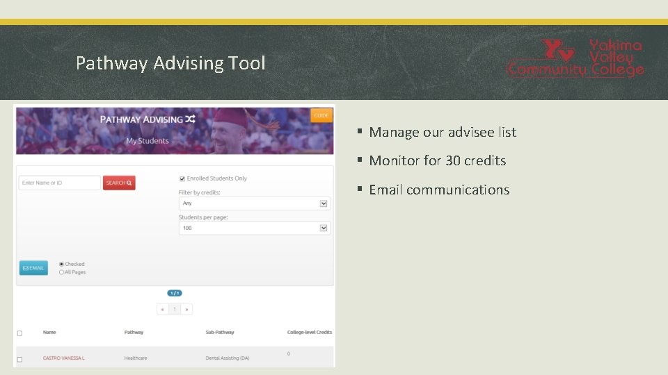 Pathway Advising Tool § Manage our advisee list § Monitor for 30 credits §