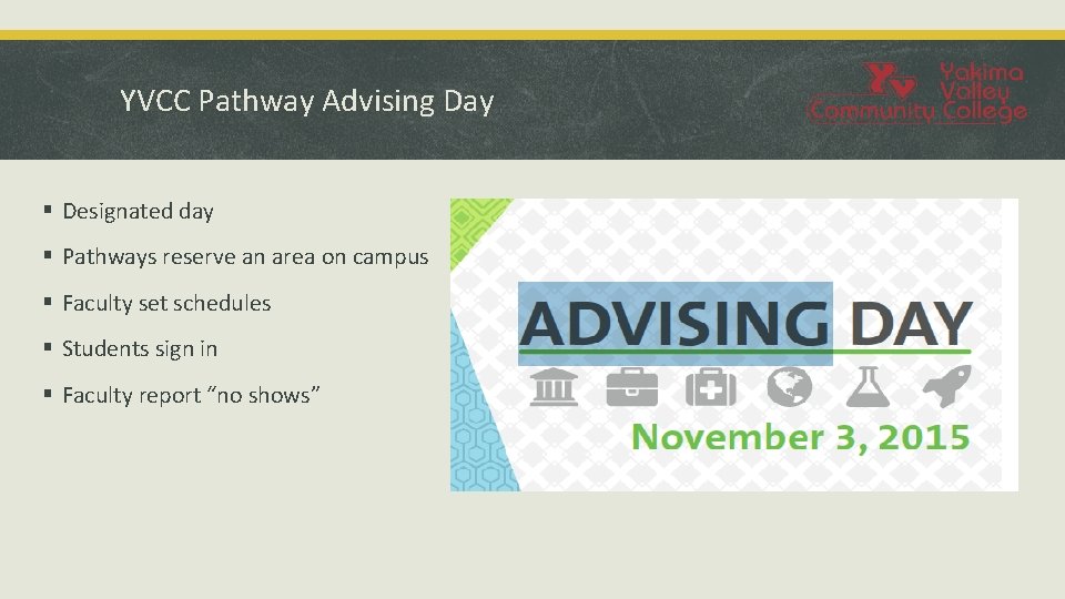YVCC Pathway Advising Day § Designated day § Pathways reserve an area on campus