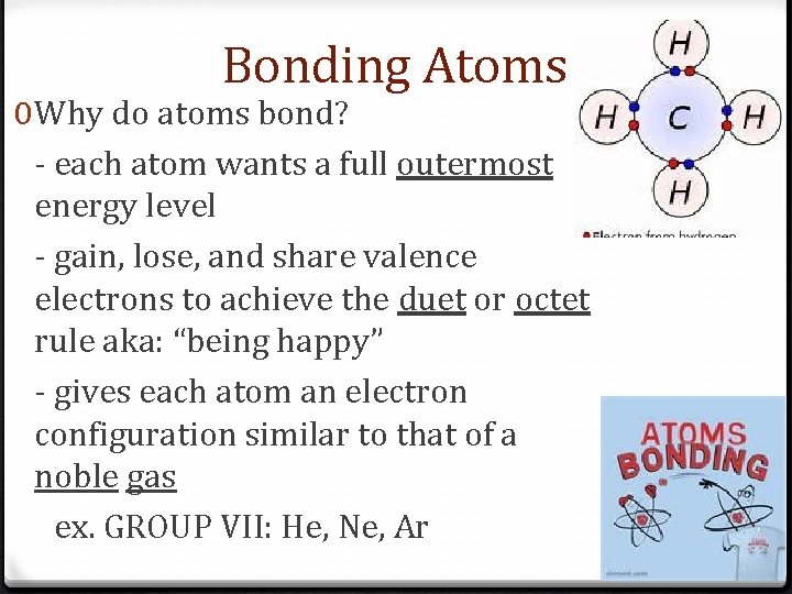 Bonding Atoms 0 Why do atoms bond? - each atom wants a full outermost Bonding Atoms 0 Why do atoms bond? - each atom wants a full outermost