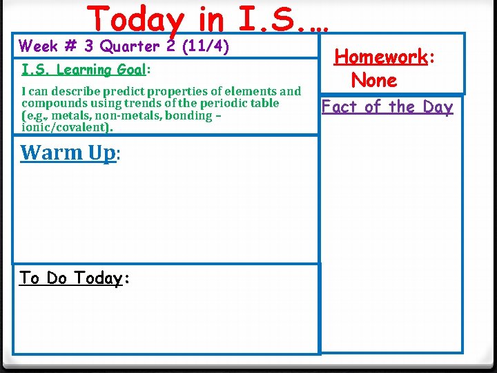 Today in I. S. … Week # 3 Quarter 2 (11/4) I. S. Learning Today in I. S. … Week # 3 Quarter 2 (11/4) I. S. Learning