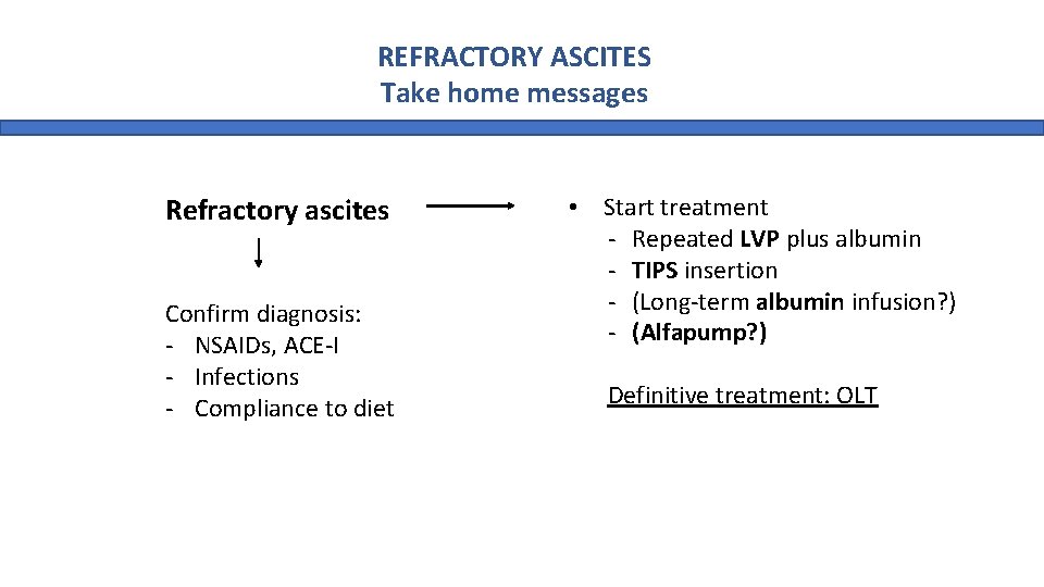 REFRACTORY ASCITES Take home messages Refractory ascites Confirm diagnosis: - NSAIDs, ACE-I - Infections REFRACTORY ASCITES Take home messages Refractory ascites Confirm diagnosis: - NSAIDs, ACE-I - Infections