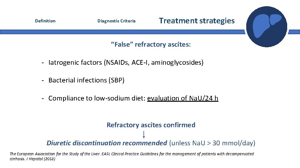 Definition Diagnostic Criteria Treatment strategies “False” refractory ascites: - Iatrogenic factors (NSAIDs, ACE-I, aminoglycosides) Definition Diagnostic Criteria Treatment strategies “False” refractory ascites: - Iatrogenic factors (NSAIDs, ACE-I, aminoglycosides)