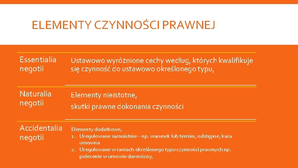 ELEMENTY CZYNNOŚCI PRAWNEJ Essentialia negotii Ustawowo wyróżnione cechy według, których kwalifikuje się czynność do