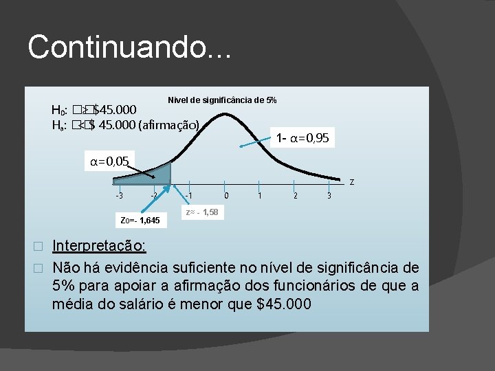 Continuando. . . Nivel de significância de 5% H₀: �� ≥ $45. 000 Hₐ: