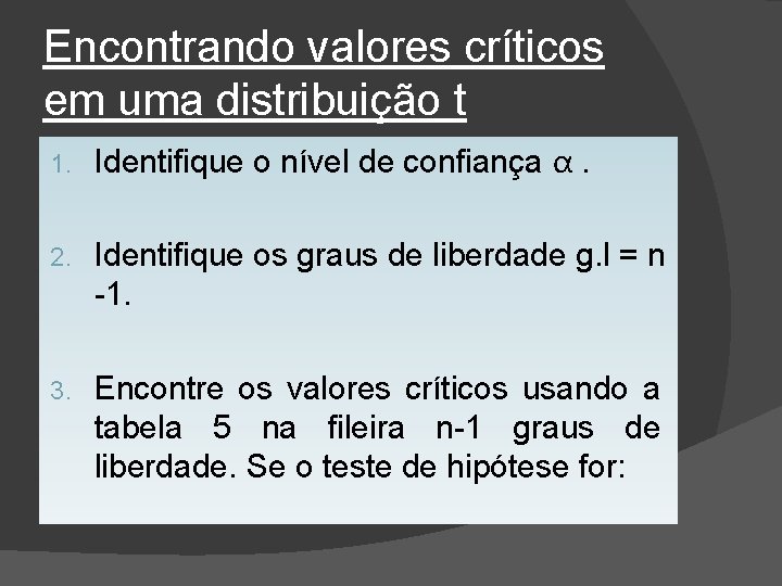 Encontrando valores críticos em uma distribuição t 1. Identifique o nível de confiança α.