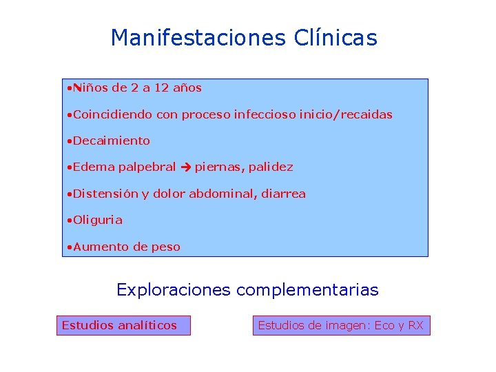 Manifestaciones Clínicas • Niños de 2 a 12 años • Coincidiendo con proceso infeccioso