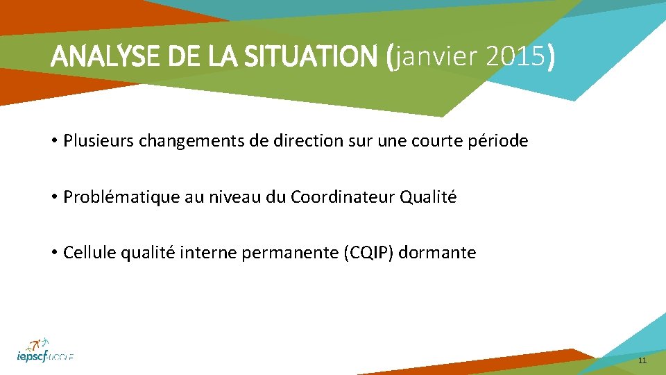 ANALYSE DE LA SITUATION (janvier 2015) • Plusieurs changements de direction sur une courte