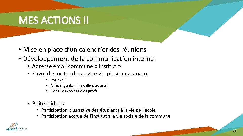 MES ACTIONS II • Mise en place d’un calendrier des réunions • Développement de