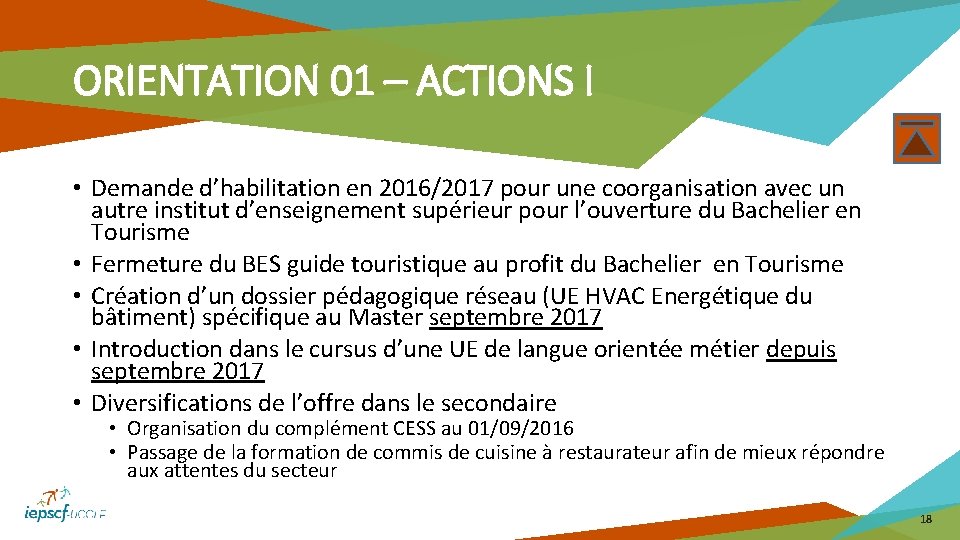 ORIENTATION 01 – ACTIONS I • Demande d’habilitation en 2016/2017 pour une coorganisation avec