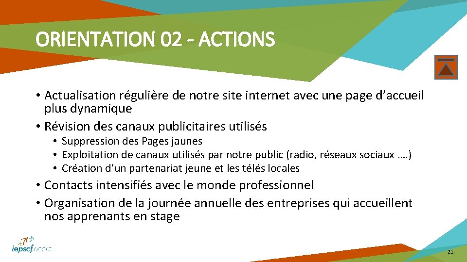 ORIENTATION 02 - ACTIONS • Actualisation régulière de notre site internet avec une page