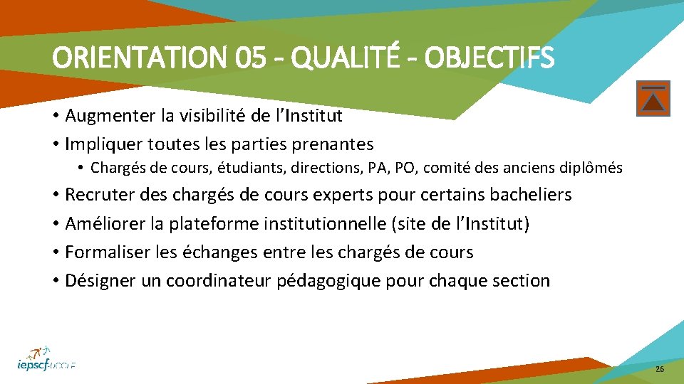 ORIENTATION 05 - QUALITÉ - OBJECTIFS • Augmenter la visibilité de l’Institut • Impliquer