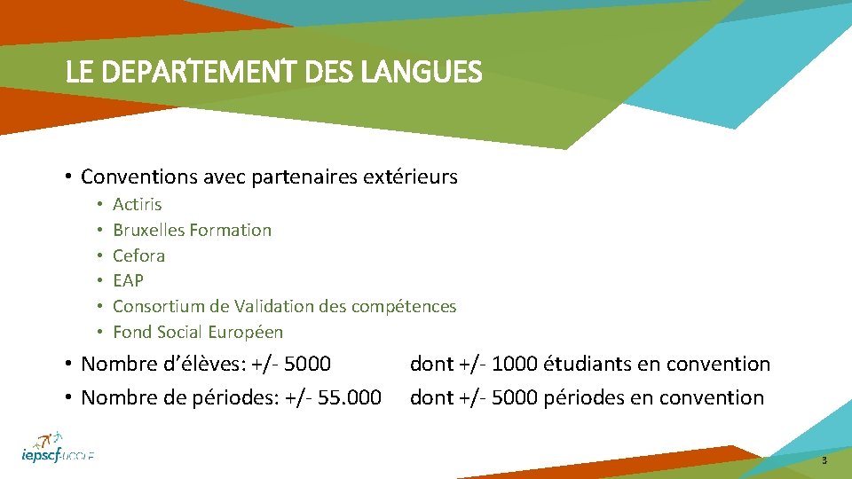 LE DEPARTEMENT DES LANGUES • Conventions avec partenaires extérieurs • • • Actiris Bruxelles