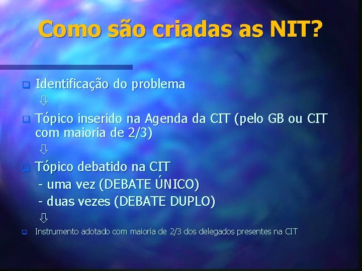 Como são criadas as NIT? q q Identificação do problema Tópico inserido na Agenda