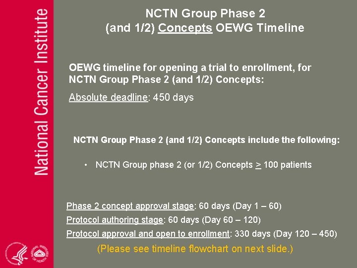 NCTN Group Phase 2 (and 1/2) Concepts OEWG Timeline OEWG timeline for opening a