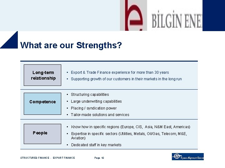 What are our Strengths? Long-term relationship • Export & Trade Finance experience for more