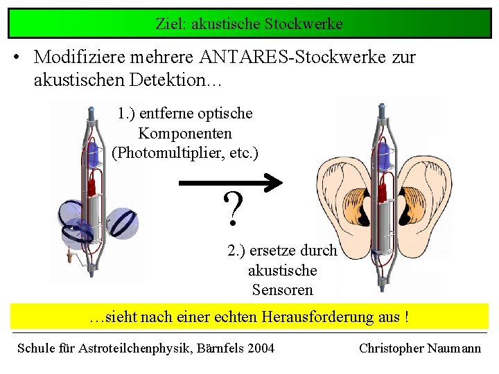 Ziel: akustische Stockwerke • Modifiziere mehrere ANTARES-Stockwerke zur akustischen Detektion… 1. ) entferne optische Ziel: akustische Stockwerke • Modifiziere mehrere ANTARES-Stockwerke zur akustischen Detektion… 1. ) entferne optische