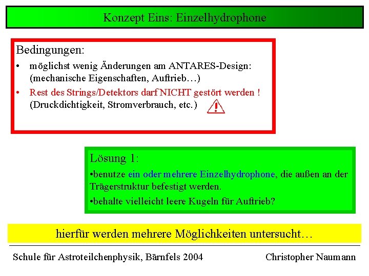 Konzept Eins: Einzelhydrophone Bedingungen: • möglichst wenig Änderungen am ANTARES-Design: (mechanische Eigenschaften, Auftrieb…) • Konzept Eins: Einzelhydrophone Bedingungen: • möglichst wenig Änderungen am ANTARES-Design: (mechanische Eigenschaften, Auftrieb…) •
