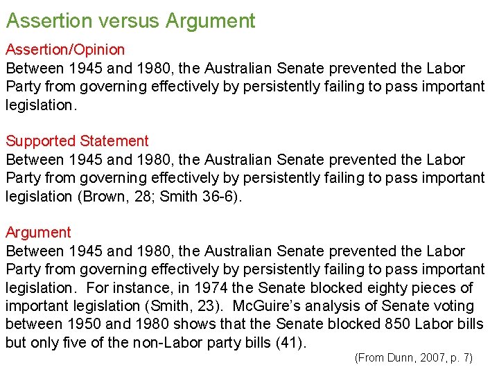 Assertion versus Argument Assertion/Opinion Between 1945 and 1980, the Australian Senate prevented the Labor Assertion versus Argument Assertion/Opinion Between 1945 and 1980, the Australian Senate prevented the Labor