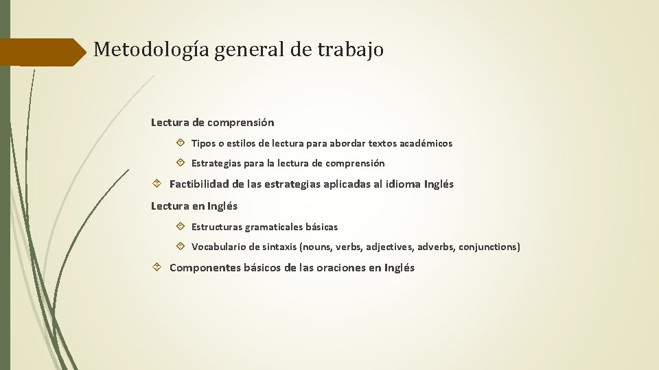 Metodología general de trabajo Lectura de comprensión Tipos o estilos de lectura para abordar