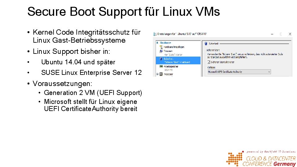 Secure Boot Support für Linux VMs • Kernel Code Integritätsschutz für Linux Gast-Betriebssysteme •