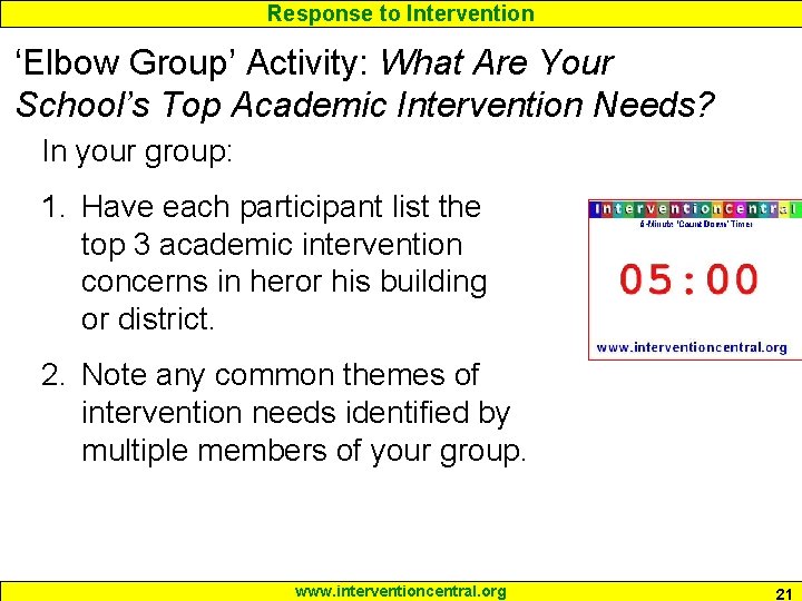 Response to Intervention ‘Elbow Group’ Activity: What Are Your School’s Top Academic Intervention Needs?